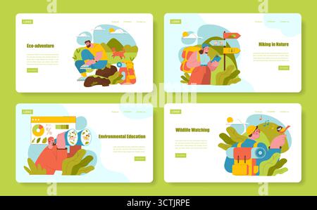 Vector illustration set highlighting eco-adventures, hiking, environmental education, and wildlife watching. Features people engaging with nature, using maps, cameras, and binoculars. Stock Vector