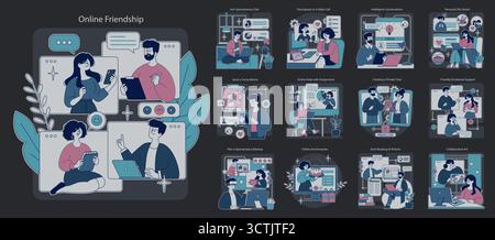 Vector illustration depicting online friendship and communication through various digital means. Includes spontaneous chat, video call participation, meme sharing, and collaborative activities. Stock Vector