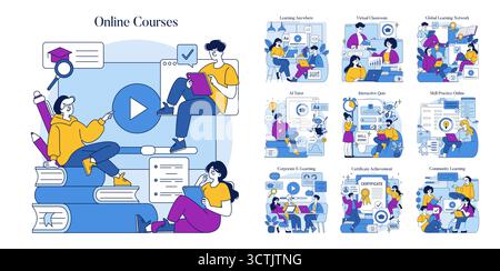 Online education vector illustration showcasing engaged learners using digital devices to participate in virtual classes. Features online courses, virtual classrooms, and interactive learning. Stock Vector