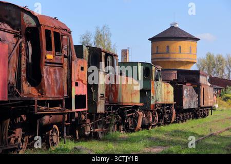 Train graveyard in Pyskowice, Poland. Abandoned steam trains. Old railway technology. Stock Photo