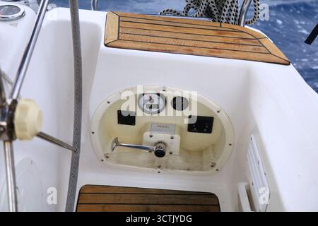 Small yacht equipment: engine controls with RPM gauge, fuel gauge and throttle. Stock Photo