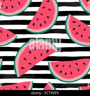 Seamless background with watermelon slices on black and white watercolor stripes. Vector illustration. Stock Vector