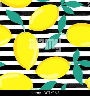 Seamless background. Lemons with leaves on black and white watercolor stripes. design for holiday greeting card and invitation of seasonal summer Stock Vector