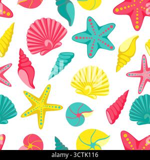 Seashell seamless pattern. design for holiday greeting card and invitation of seasonal summer holidays, summer beach parties, tourism and travel Stock Vector
