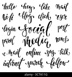 big set of handwritten words symbolizing social media and Internet activities. Beautiful font written in black brush isolated on white background Stock Vector