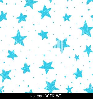 Beautiful seamless night sky pattern with textured stars, hand drawn Stock Vector