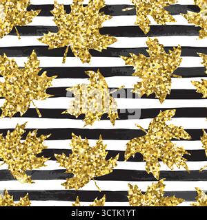 Beautiful seamless pattern golden maple leaves on brush strokes, striped background. design greeting cards and invitations Stock Vector