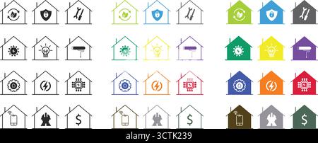Home Service Icons Set –Renewable Energy , Electrical Solutions, Renovation Projects, Property Services, Security Systems, Smart Home System Symbols Stock Vector