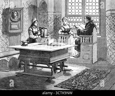 The Luther Celebration in Germany: Luther and his wife in their home at Wittenberg, 1883. 'The four-hundredth anniversary of the birth of [German priest, theologian and author Martin Luther (1483-1546)], at Eisleben, in Prussian Saxony, was celebrated last Saturday, not only in that little town, where our Special Artist, Mr. W. Simpson, attended for this Journal, but in almost every city of Germany...One of [his sketches] represents Luther and his wife Catherine sitting together in his room, on the curious old double seat at the old table, which form part of his furniture still preserved in th Stock Photo