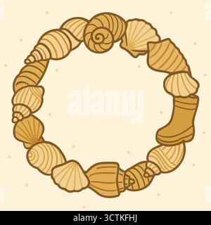 Circular decorative wreath made of assorted seashells in warm beige and brown tones on a light background. Stock Vector