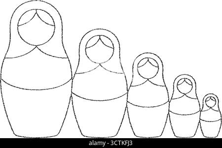 Black line drawing of five traditional nesting dolls arranged from largest to smallest, isolated on a white background. Stock Vector