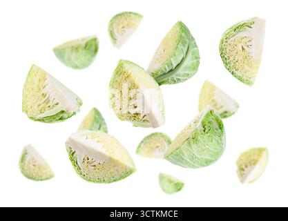 Fresh Savoy cabbage flying in air against white background Stock Photo