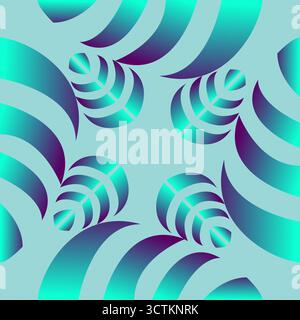 This vector seamless pattern showcases curved abstract wave or feather shapes in vibrant teal to purple gradients, arranged symmetrically on a light b Stock Vector