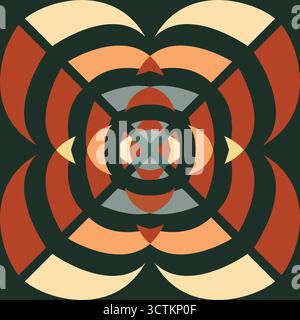 This vector seamless pattern displays abstract layered petals forming a central cross motif in warm reds, oranges, beiges, grays, and yellow accents o Stock Vector