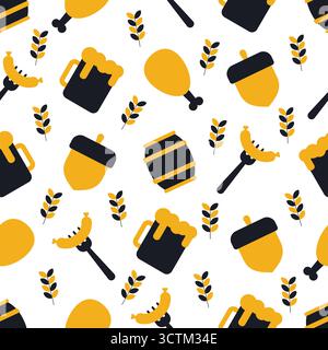 Octoberfest seamless pattern with bold black and yellow icons representing beer mugs, sausages, chicken drumsticks, wheat stalks, barrels, and acorns. Stock Vector