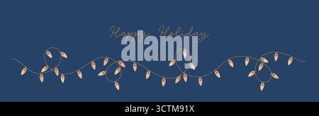 Thin line gold string festive Happy Christmas light garland on blue background for banner, card. Retro minimalist vector holiday lightbulbs. Stock Vector