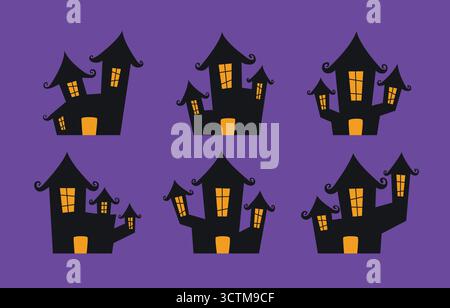 Whimsical Halloween vector illustration featuring six stylized haunted houses with exaggerated architecture on purple background. Stock Vector