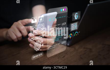 Futuristic AI agent interface syncing between phone and laptop with digital automation dashboard, representing virtual assistant technology for smart Stock Photo