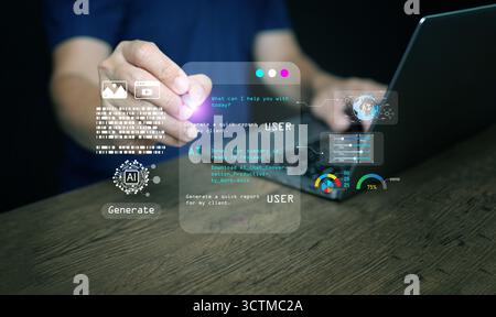 Futuristic AI agent interface projected above laptop with data visualization and automation system, representing smart virtual assistant technology an Stock Photo