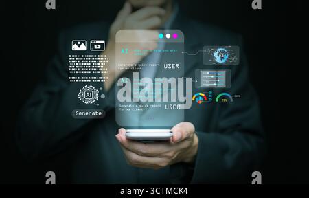 Futuristic AI agent interface on mobile screen displaying digital analytics and automation dashboard, representing smart virtual assistant technology Stock Photo