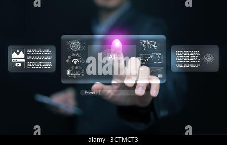 AI agent interface with interactive touch prompt and holographic data dashboard. Virtual assistant, automation technology, and intelligent workflow fo Stock Photo