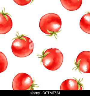 Seamless pattern featuring whole ripe red tomatoes scattered on white background. Design for food packaging, kitchen textile, digital paper, or summer Stock Photo