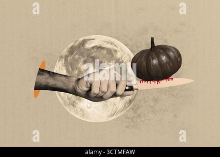 Sketch art image poster 3d banner collage of human hand hold knife bloom cut pumpkin vegetable moon planet esoteric ritual halloween Stock Photo