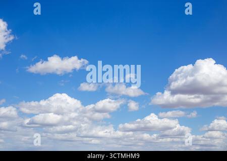 Fluffy white cumulus clouds float across a bright blue sky, creating a picturesque celestial landscape. Stock Photo