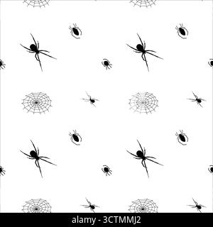 Black spiders and webs pattern on a white background creating a spooky design for Halloween decor Stock Vector