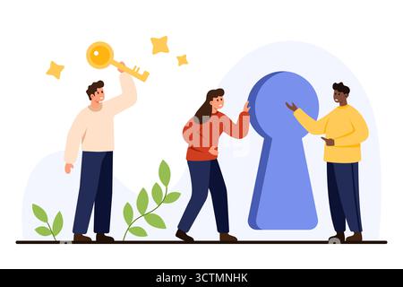 Group of diverse people solving task together holding key and standing near giant keyhole symbolizing teamwork, problem solving, and finding solutions isolated on white background vector illustration Stock Vector