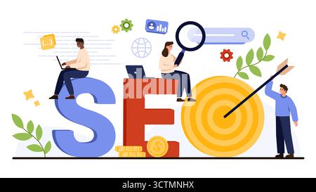 Modern SEO concept showing people analyzing data, targeting keywords, optimizing search results, and digital marketing growth, isolated on white background vector illustration Stock Vector