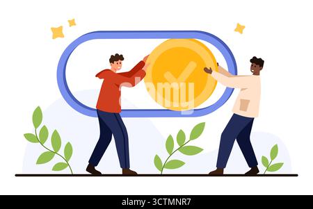 Two diverse people turning on a large power switch with a check mark symbol, representing activation, teamwork, and positive action, isolated on white background vector illustration Stock Vector