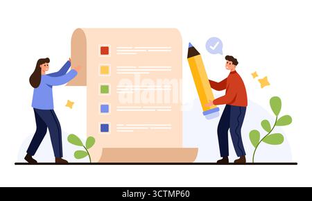 Cartoon people planning and checking tasks on a large colorful to do list concept for productivity, organization, reminders, and daily planning isolated on white background vector illustration Stock Vector