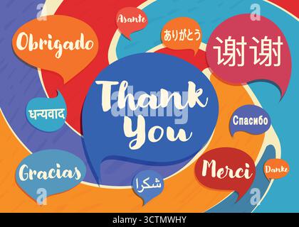 Multilingual Thank You Message in Colorful Speech Bubbles Representing Global Communication Stock Vector