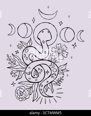 Mystical snake with moon and Flowers Plants. Outline Textured Hand Drawn Doodle. Sketch kundalini for design, symbolizing magic and transformation. Ve Stock Vector