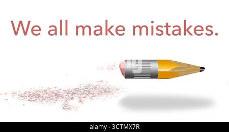 An old pencil with a very worn rubber eraser is seen with eraser dust and a few words about how we all make mistakes. This is a 3-d illustration. Stock Photo