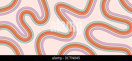 Abstract background with groovy rainbow stripes. Vector pattern with retro styled multicolored lines on light beige background Stock Vector