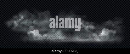 Realistic smoke and fog on floor with overlay effect. Vector steam clouds isolated on dark transparent background Stock Vector