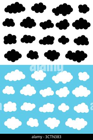A set of white and black cloud icons on a white and blue background. Isolated background. Vector illustration. Stock Vector
