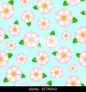Beautiful Pink Sakura Flowers Seamless Pattern vector illustration. Cherry blossom pattern on baby blue background. Natural texture for wrapping, fabr Stock Vector