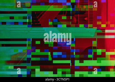 Abstract digital glitch pattern with colorful pixels in red, green, blue tones. Design background, copy space. Concept of technology, error, and Stock Photo