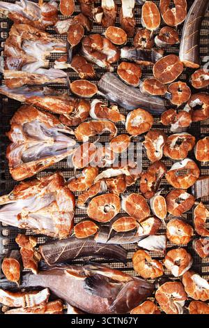 Fresh raw fish pieces drying on a stainless steel mesh rack in the sun Stock Photo
