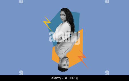 Creative Collage Featuring Two Individuals in a Contrasting Color Scheme With Dynamic Shapes Stock Photo