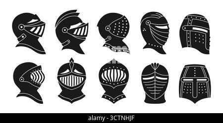 Medieval helmets signs vector set. Heraldic icon collection. Ancient warrior knight head armor with visor plumage for coat of arms. Heraldry elements knight helmet symbol flat style illustration Stock Vector