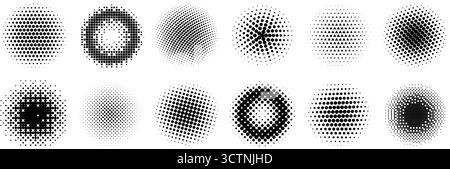 Halftone radial gradient set. Dotted texture round patterns. Comic faded circles background collection. Abstract pixelated elements for frame, poster, collage, banner, flyer. Vector cartoon bundle Stock Vector