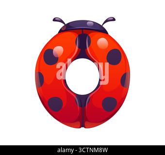 Ladybug cartoon font digit 0 zero. Cute insect mathematics font digit, garden ladybird vector math typeface numeral symbol. Red ladybug beetle alphabet type figure or cartoon kids ABC typeface number Stock Vector