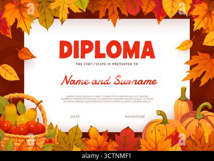 Fall season kids diploma with falling autumn leaves, orange pumpkins and fruits basket with apples and pears. Vector certificate template. Child award border for participation, achievement, graduation Stock Vector