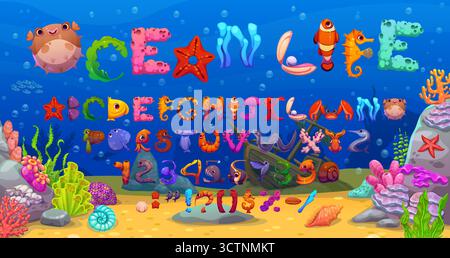 Underwater font or sea animals typeface of cartoon ocean characters, vector type. Marine English alphabet letters and undersea font of fishes, seahorse and shells with jellyfish, crab and funny turtle Stock Vector