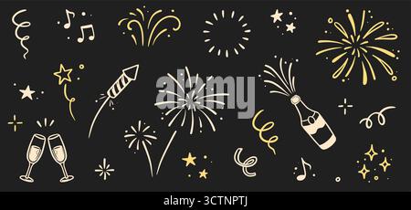 Firework new year set. Doodle firework sparkles for New Year celebration, golden burst and festive elements for birthday or party decor. Hand drawn style for a firework themed vector illustration Stock Vector