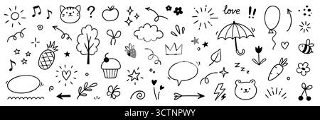 Line cute element set. Hand drawn scribble heart, arrow, flower and star elements for a cute line simple background. Doodle sketch heart, star, cloud sticker shapes. Vector illustration Stock Vector